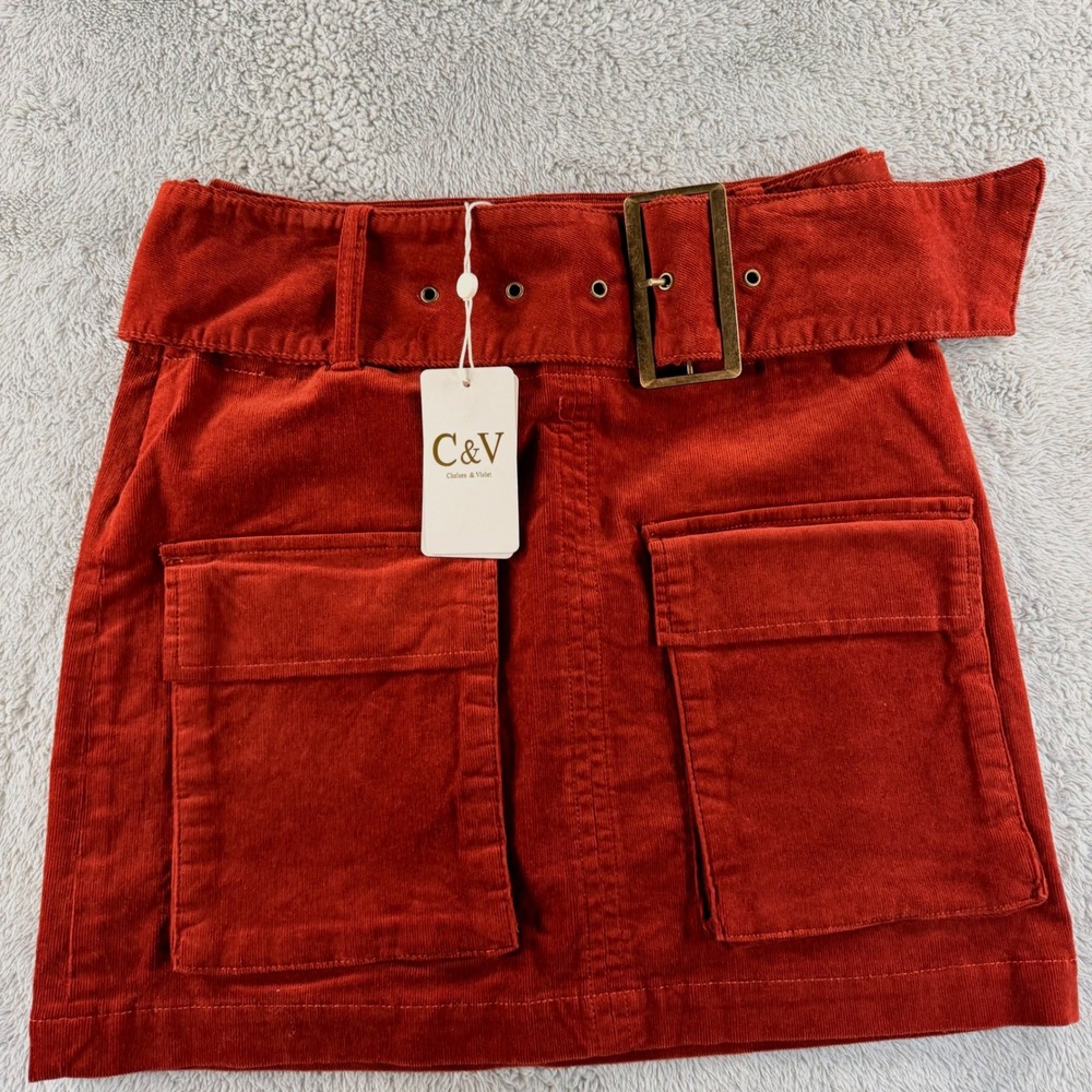Chelsea & Violet Corduroy Belted Utility Mini Skirt Womens S Rust Orange